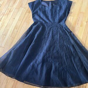 Vintage 1950s–1960s Navy Lace & Chiffon Fit-and-Flare Cocktail Dress | M/L